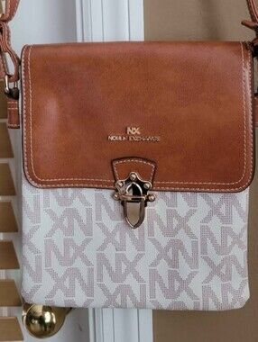 Nobel EXCHANGE Brown & White Logo Crossbody Bag with Gold Hardware